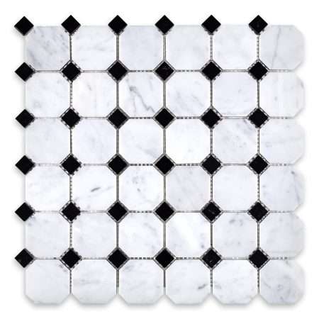 White Carrara Octagon with Nero Marquina Dot Marble Mosaic