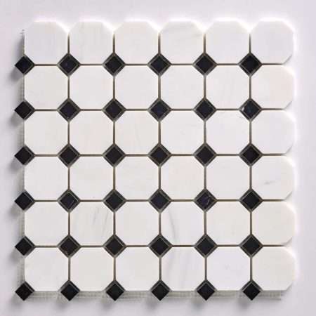 Bianco Dolomiti Octagon with Black Dot Honed Marble Mosaic Tile