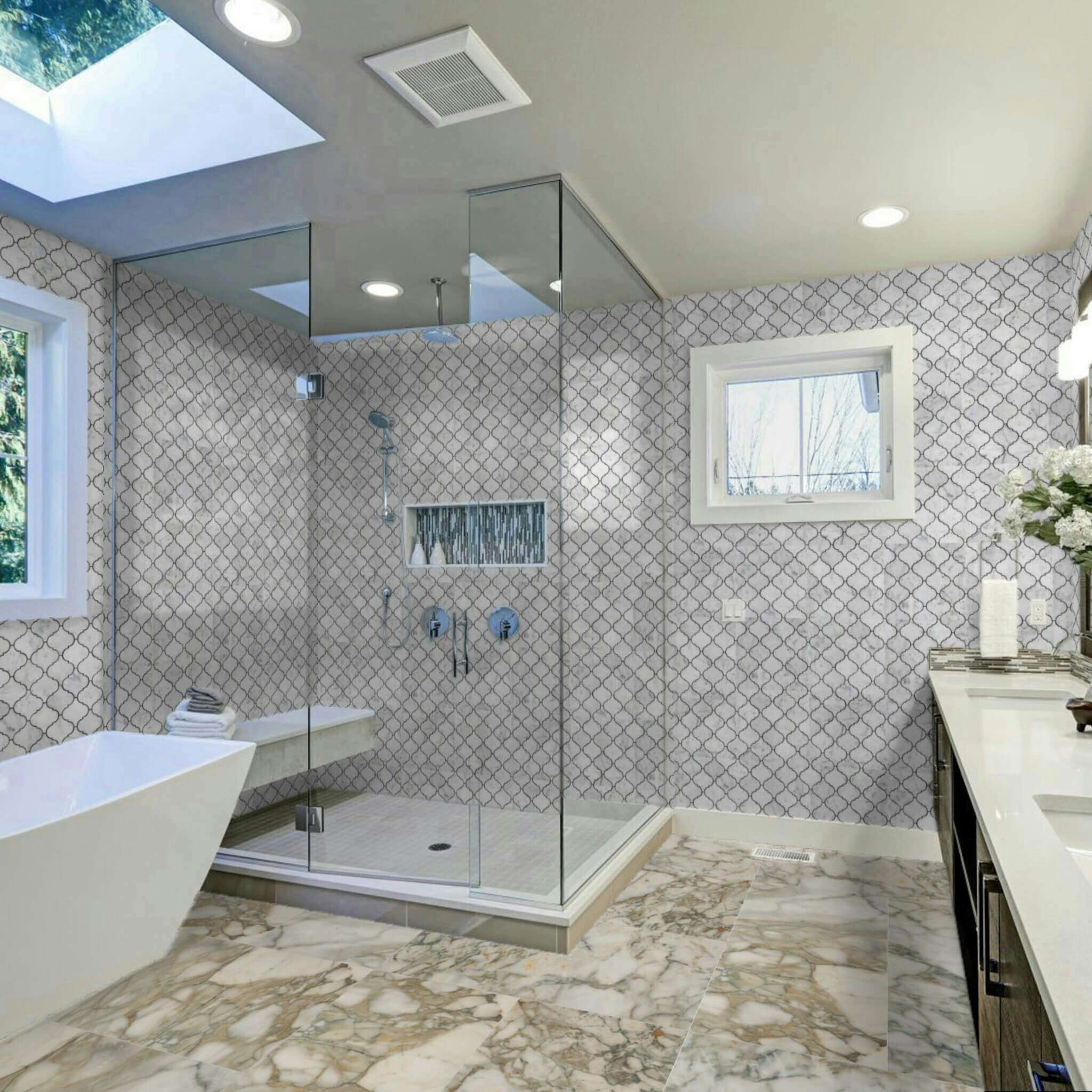 White Carrara Arabesque 3" Marble Mosaic White Carrara Arabesque 3" Marble Mosaic