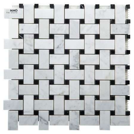 White Carrara Marble Mosaics - Polished, Basketweave Black Dot