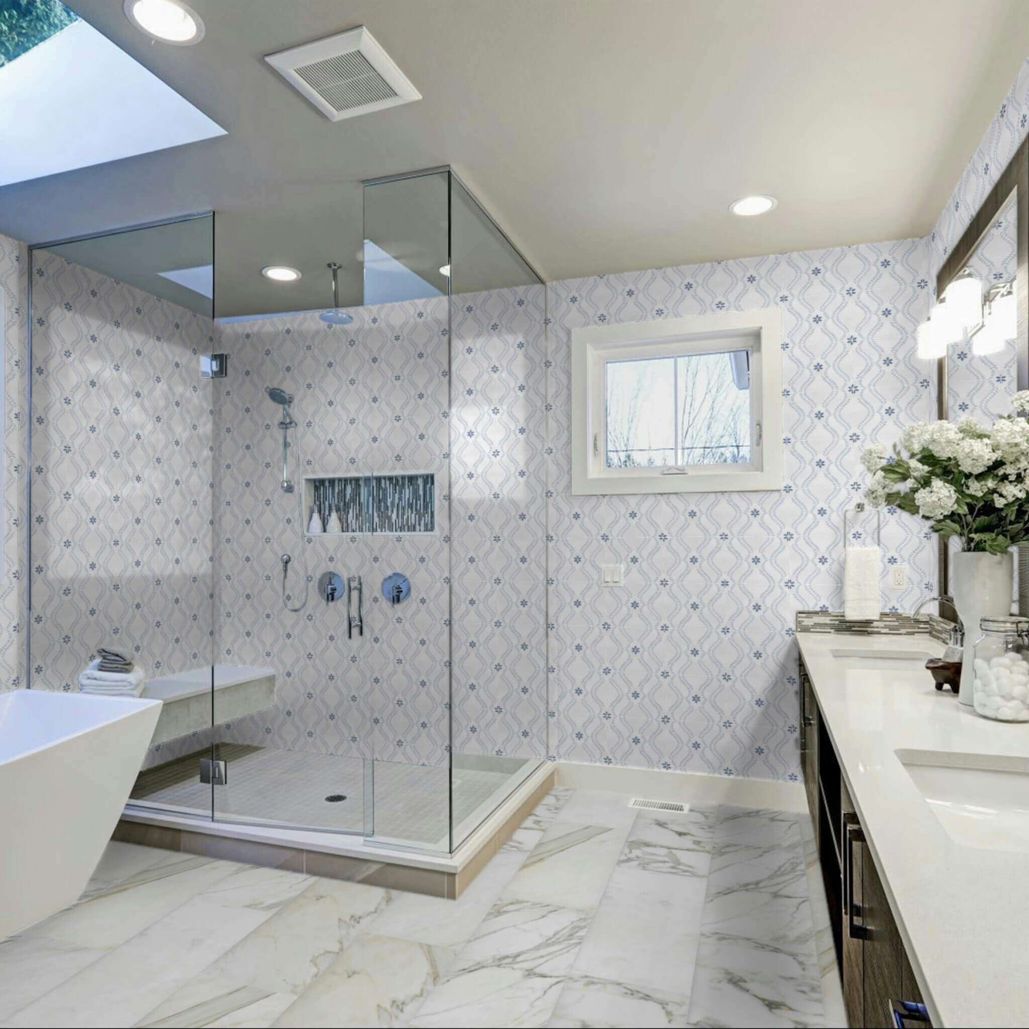 Lilia Thassos With Blue Celeste and Azul Macaubas Polished Marble Waterjet Mosa