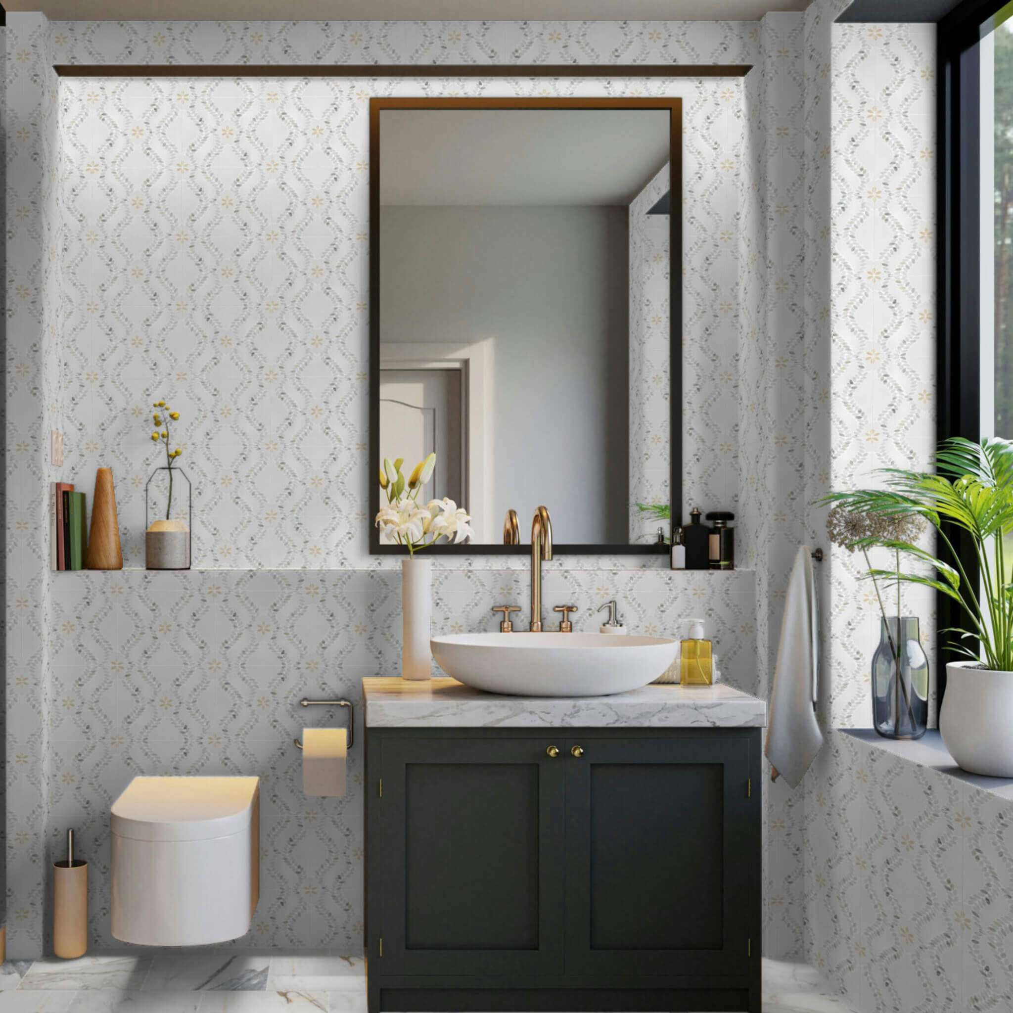 Lilia Thassos With Calacatta Gold and Crema Marfil Honed Marble Waterjet Mosaic