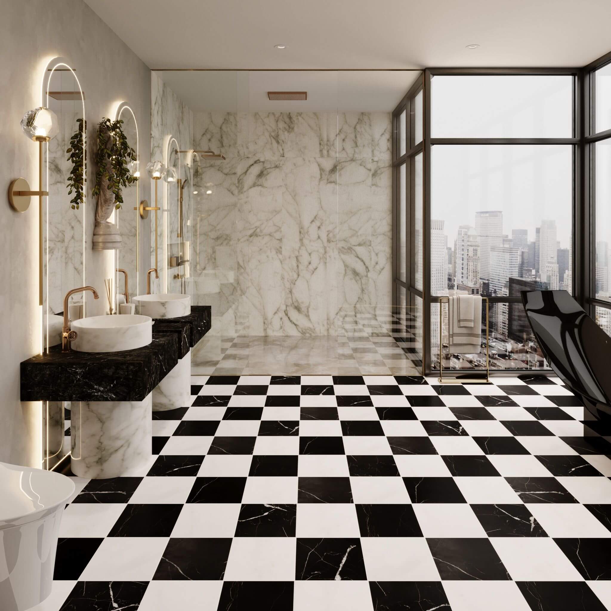 Monaco Afyon White and Black Silk 12x12 Honed Marble Checkerboard Tile