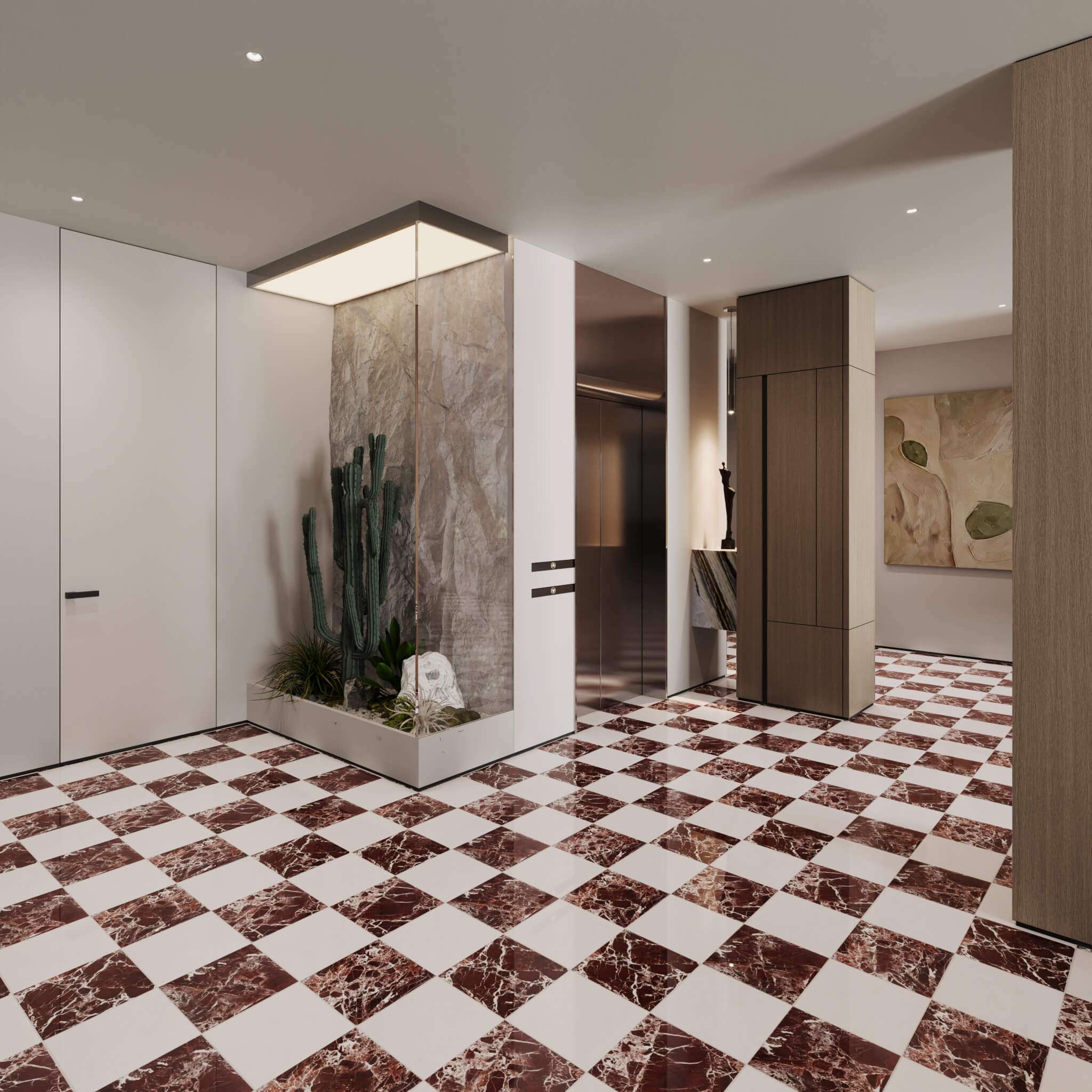 Monaco Snow White and Rosso Levanto 12x12 Polished Marble Checkerboard Tile