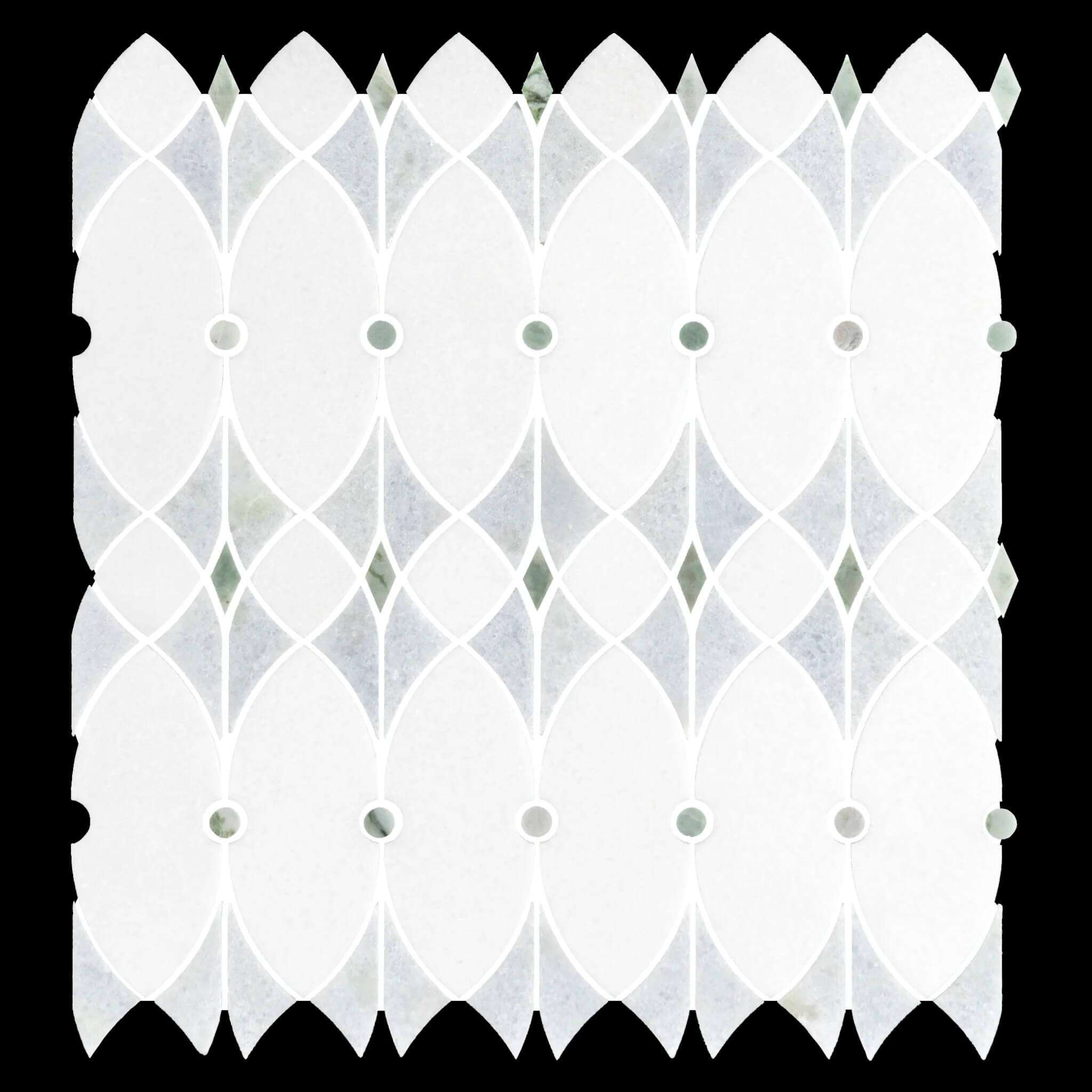 White Thassos with Blue Celeste and Emerald Green Honed Marble Waterjet Mosaic