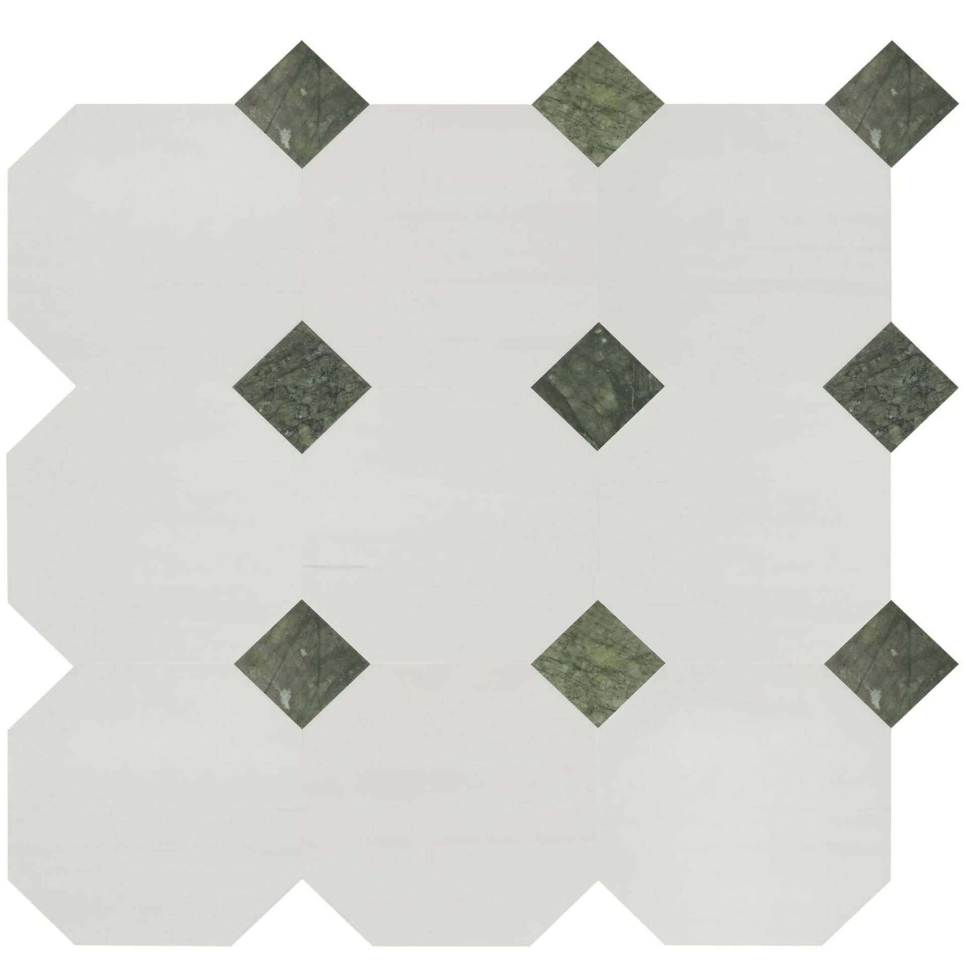 Glacier White Octagon 12" with Verde Ming Dot Honed Marble Tile