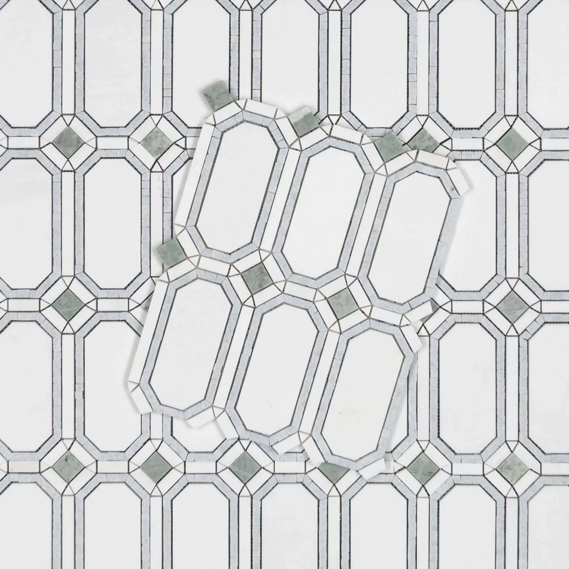 White Thassos with Blue Celeste and Emerald Green Honed Marble Waterjet Mosaic